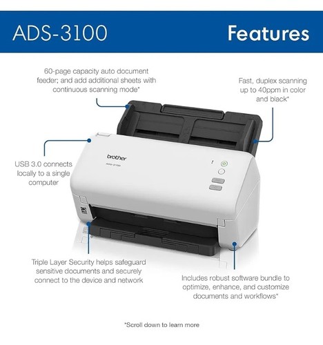 Brother ADS-3100 High-Speed Desktop Scanner | Compact with Scan Speeds of Up to - Picture 3 of 13