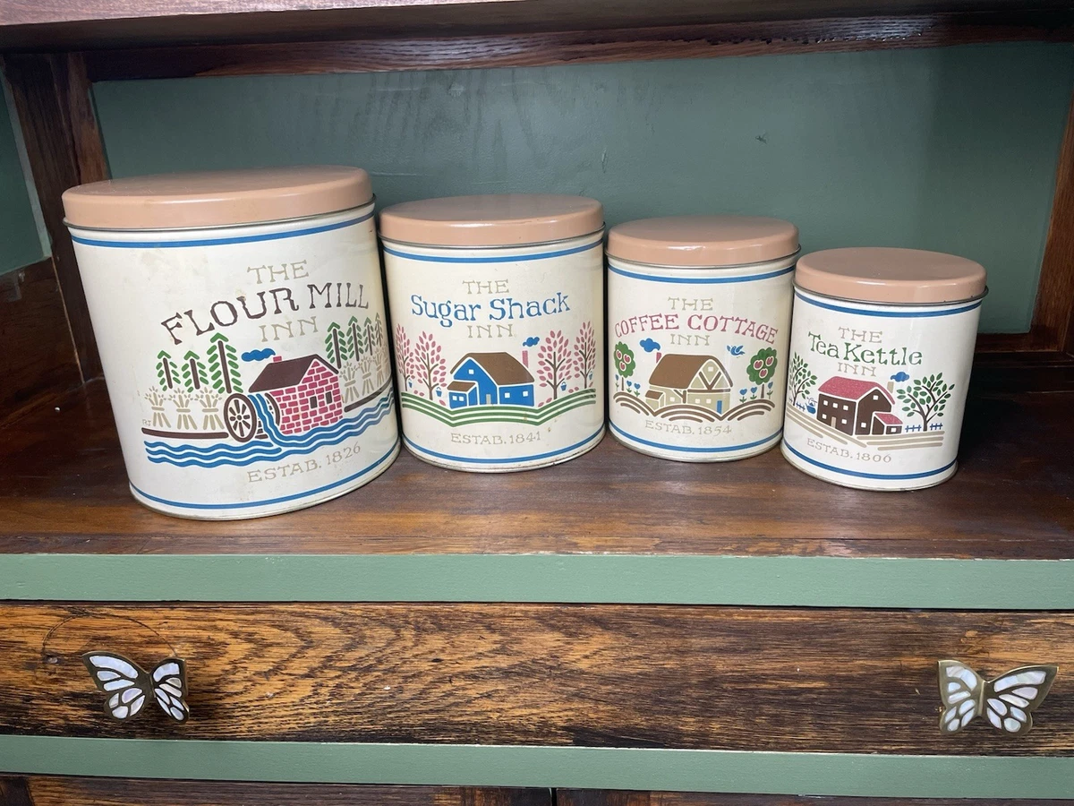 Vintage Tin Canister Set In Collectible Metal Kitchen Canisters