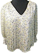 LUSH White Yellow Black Tiny Floral Soft Shape Satin Lined Blouse M Women's EUC