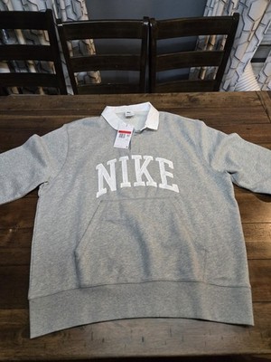 Nike Club Fleece Long Sleeve Rugby Polo Mens Sz Large Grey White FN3112-063 NEW
