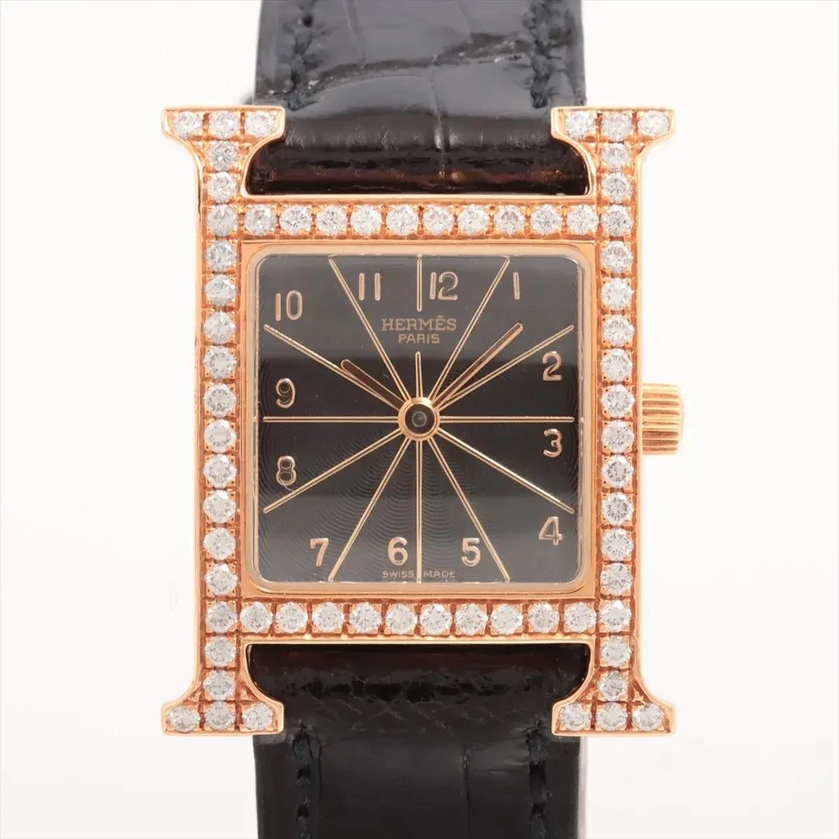 Orologio Hermès H HH1.286 oro giallo 18 carati e lunetta diamantata quadrante nero pelle B&P
