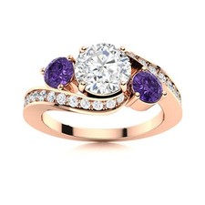 925 Silver Rose Plated 5MM Round White Topaz  Amethyst Three Stone Women Ring