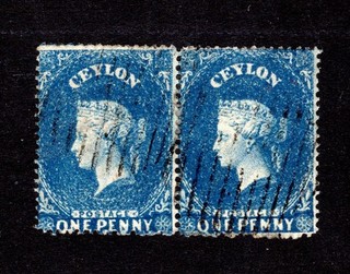 CEYLON QV 1961 4 1d BLUE GOOD TO FINE USED PAIR WMK LARGE STAR NOT CAT BY ME