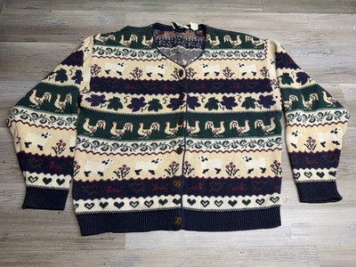 Vintage Northern Reflections Cardigan Sweater Barnyard Farm Chickens Sheep 90s L