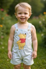 Disney Winnie The Pooh Romper Infant 6-9M Blue Ribbed Knit Striped Overall