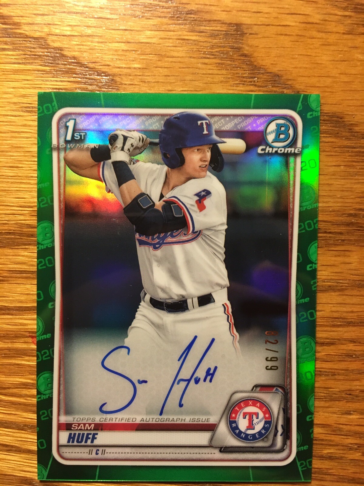 2020 Bowman Chrome Sam Huff Rangers RC Green Refractor Auto #/99