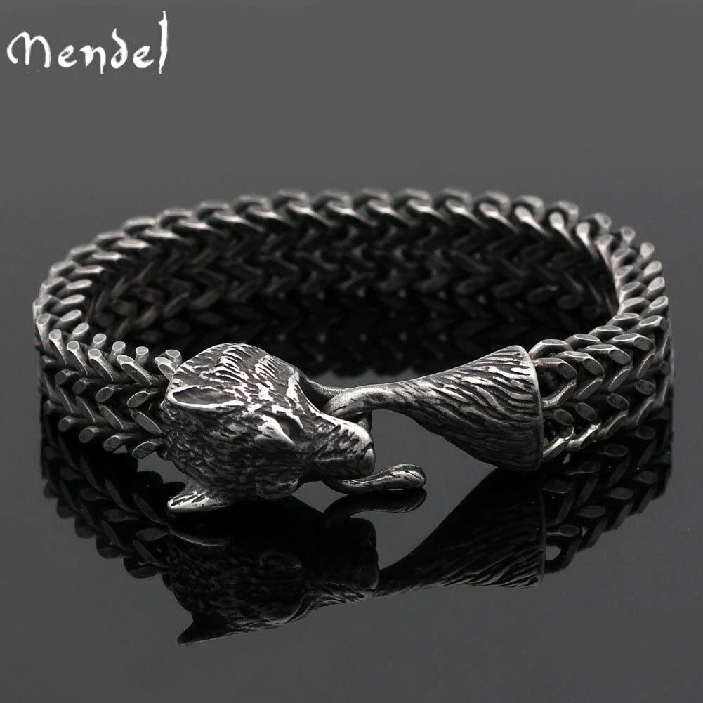 DFWY Pulsera De Vikingo Para Hombres Acero Inoxidable Lobo Head Nordic