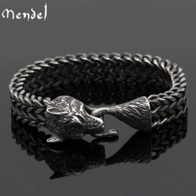 #ad MENDEL 8 Inch Mens Black Stainless Steel Viking Fenrir Wolf Head Bracelet Men $19.99