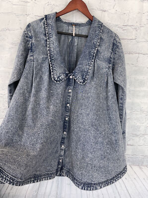 NEW Free People Ruffle Collar Denim Swing Blouse - Lightest