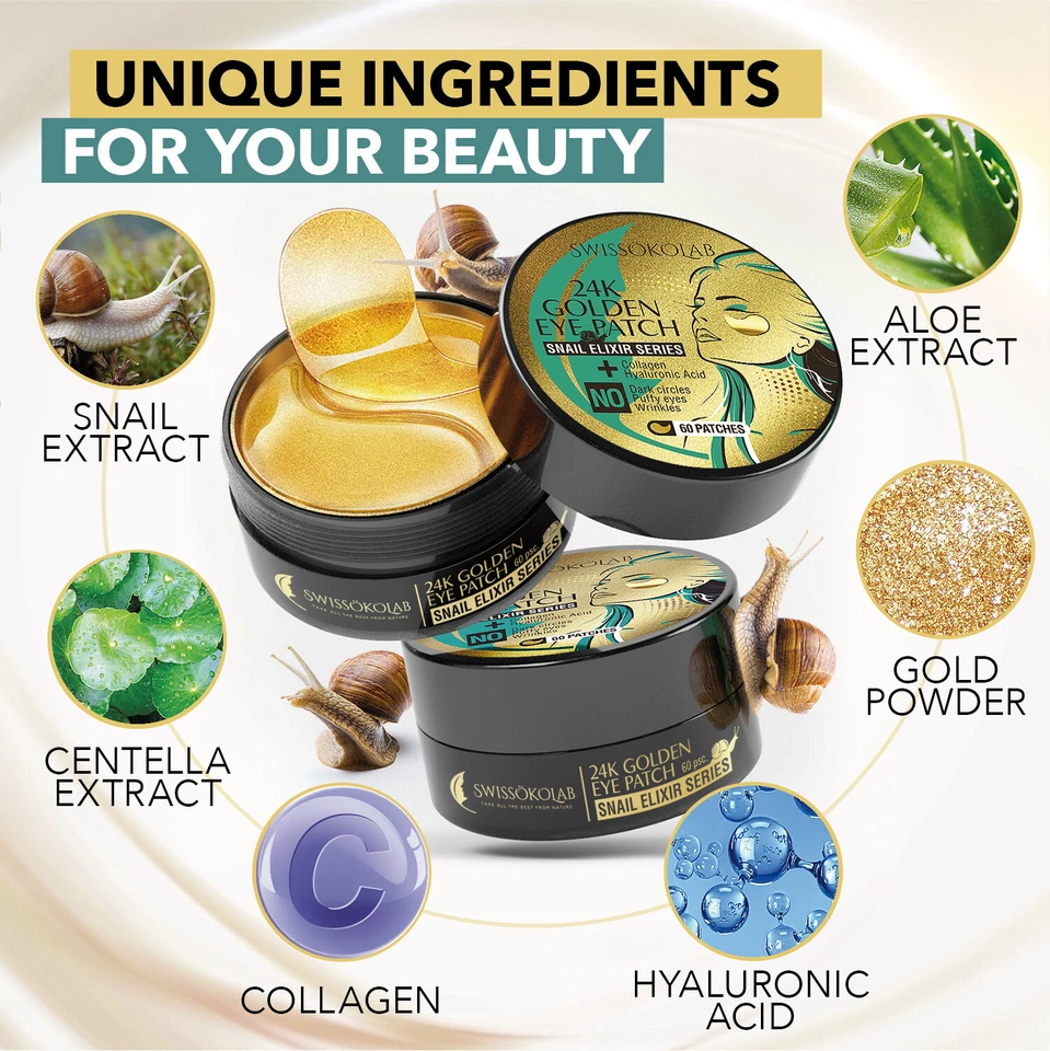 Parches de caracol debajo de los ojos máscara de ojos dorada de 24 K almohadillas para ojos de colágeno anti ojeras Foto 3 de 4
