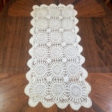 VTG Old Table Runner Cream Lace Crochet Doily 35x17 Cottage Granny cottagecore
