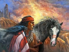 Original Oil Painting Native American COMANCHE RAVEN BLACK Horse SOUTWESTERN ART