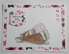 House Mouse Bunny with Bottle Handmade card Cutest Baby Ever Bright Pink Stars