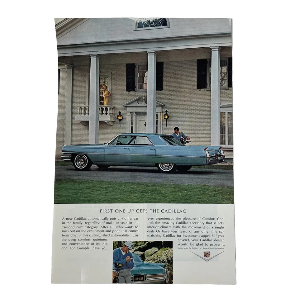 Anuncio publicitario vintage Cadillac azul color coche temprano en la mañana golfista esposa triste Foto 2 de 4