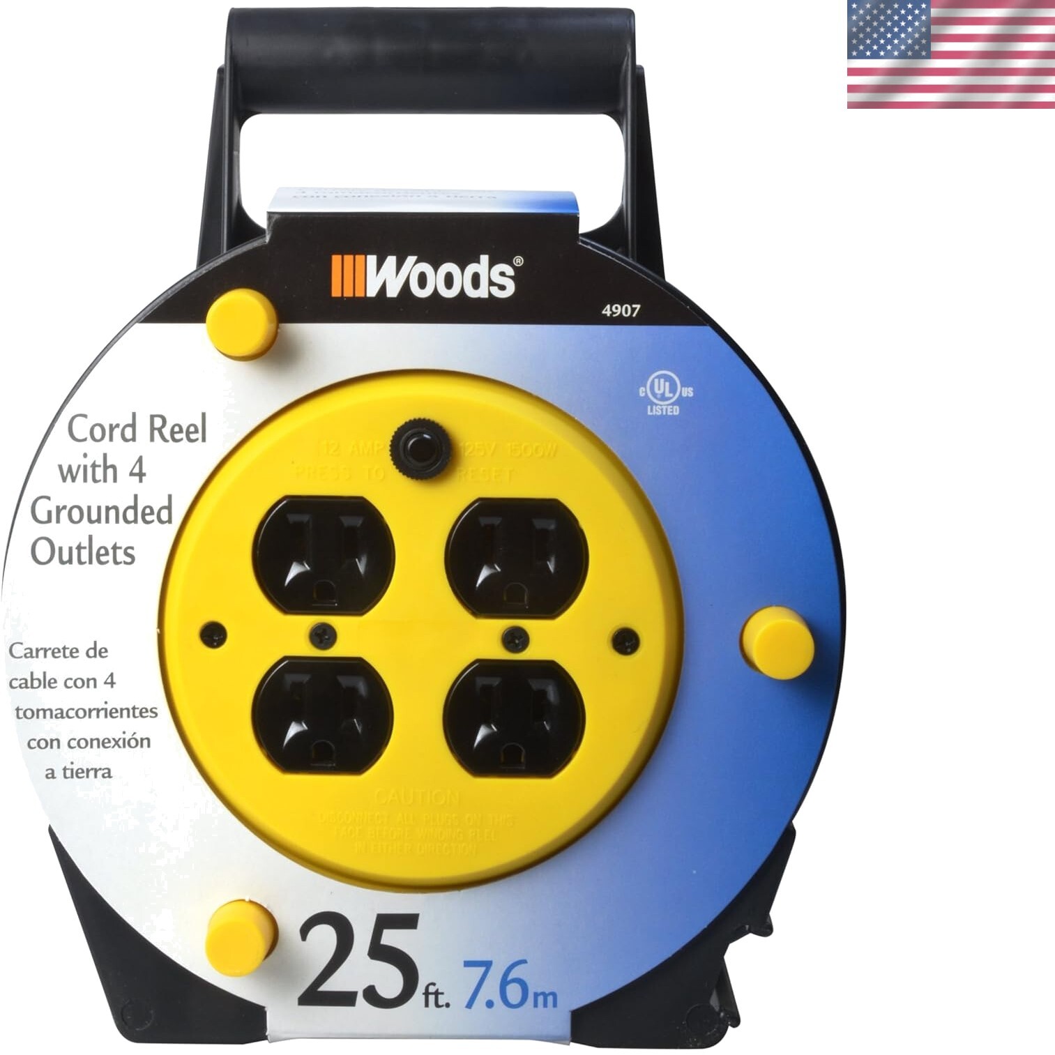 Extension Cord Reel with 4-Outlets 16/3 SJTW and 12A Circuit Breaker, 25-Foot-image