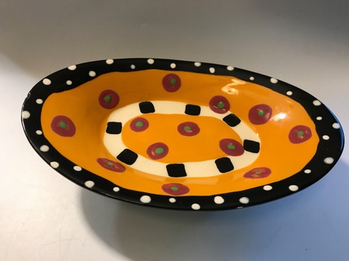 ART POTTERY MODERN DECO POLKA DOTS SQUARES PATTERN FOOTED BOWL HAND MADE SIGNED - Picture 7 of 10