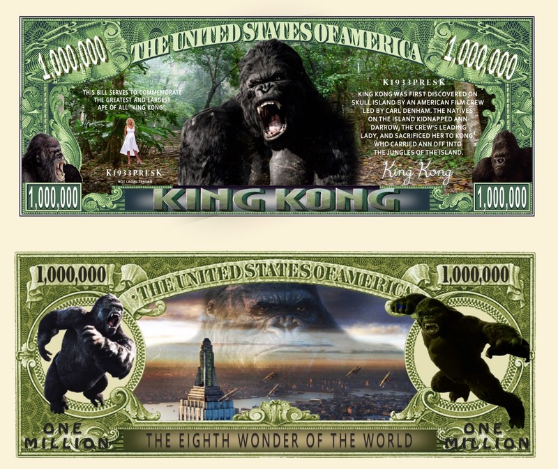 KING KONG Novelty Dollar Bill Comes In a Free Soft Polly Sleeve