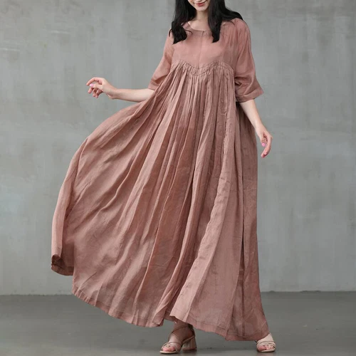 Damen Kurzarm Baumwolle Lockere Taille Party Swing Maxikleid S-5xl - Bild 17 von 28