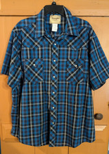 Vtg Wrangler Mens Western Cowboy Shirt Blue Plaid Short Sleeve Pearl Snap XXL