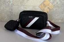 MICHAEL KORS RIVINGTON STRIPED CROSSBODY CAMERA BAG WITH POUCH OXBLOOD