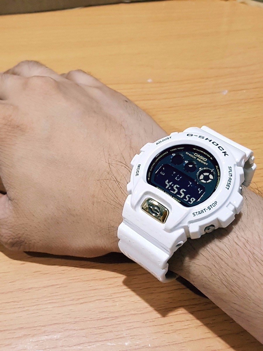 Vintage G-Shock DW-6900CR White Crocodile Gold Button Negative