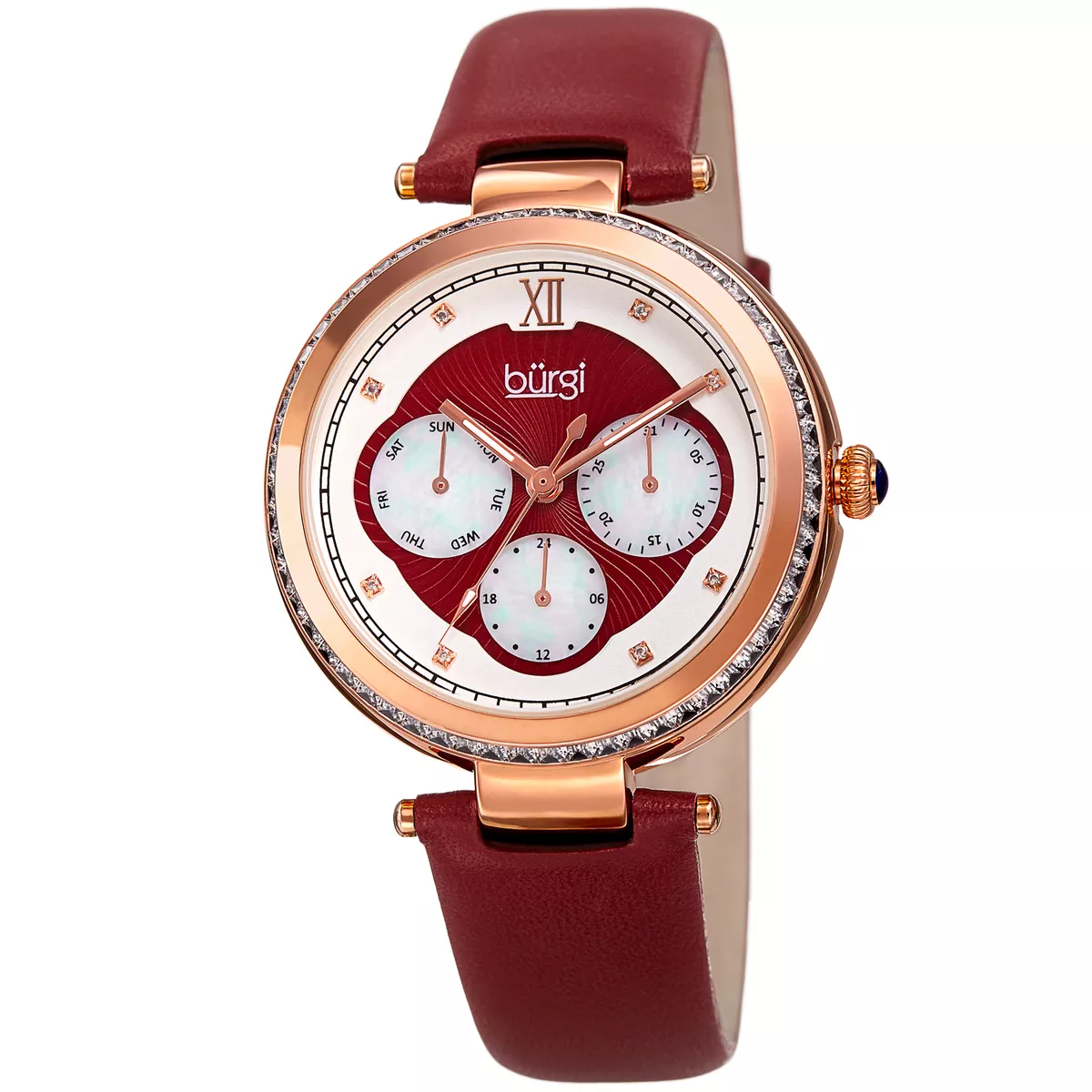 Women s Burgi BUR182RD Multifunction Crystal Rose Tone Red Leather Strap Watch
