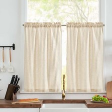 Linen Kitchen Curtains 26"W x 36"L Pack of 2 Rod Pocket Striped Beige
