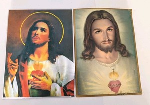 2 Sacred Heart Of Jesus Lithos - 1 Vintage Monastery Wisconsin & Holographic Pic