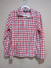 Lands End Fleece Pullover Top Womens Lg 14-16 Plaid Red Green Ivory 1/4 Zip