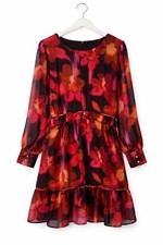 Donna Morgan Floral Dress Womens 16 Red Black Sheer Sleeve Tiered Ruffle Boho