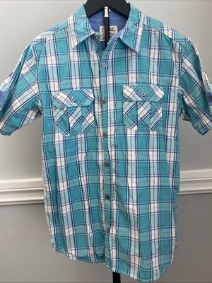 PD&C Collared Short Sleeve Button Down Shirt Blue Plaid Pockets Boys Size 14 EUC