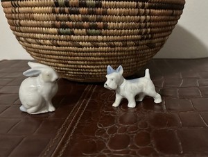Vintage Porcelain- Terrier Dog and Rabbit White with Blue Made in Japan