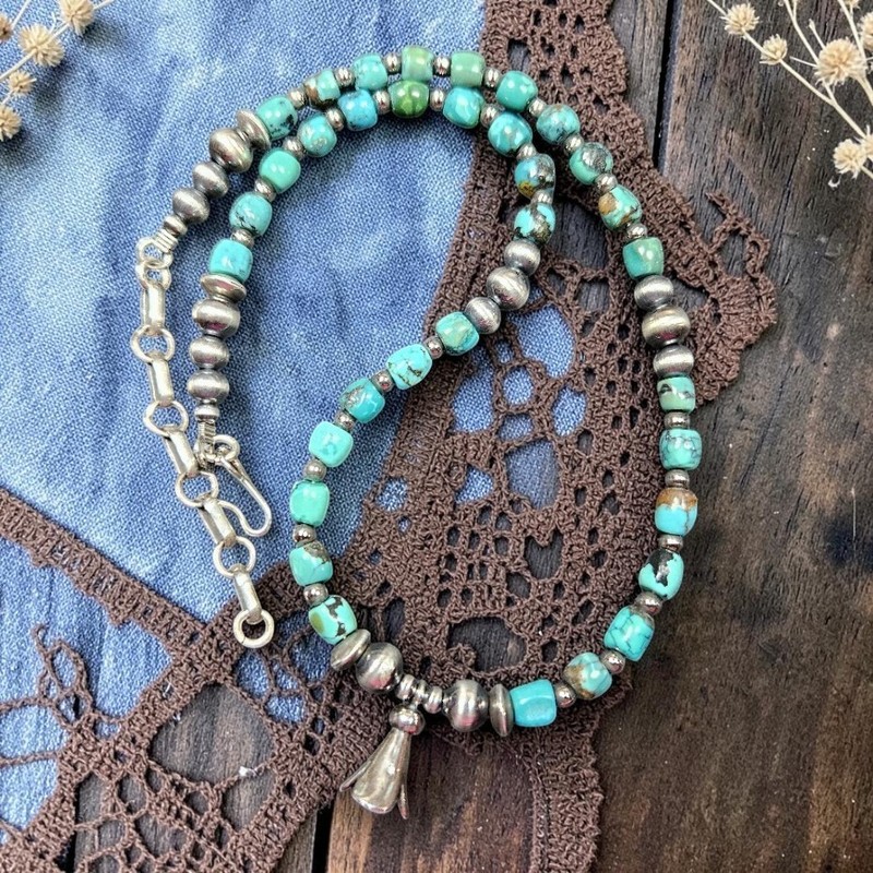 14" to 16" NAVAJO Pearl Pueblo Turquoise Sterling Silver Squash Blossom Necklace