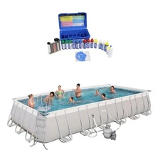 Bestway 24ft x 12ft x 52in Rectangular Frame Family Swimming Pool & Test Kit