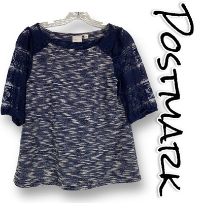 Postmark Anthropologie Parrel Marled Lace Blouse Navy Blue Womens Size Small