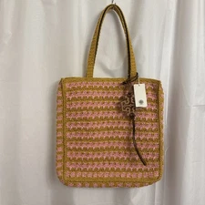 Tory Burch Straw Tote Style 165844 in Pink Carnation/Turmeric Logo Tag NWT