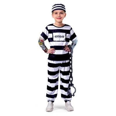 Prisoner Jail Halloween Costume with Tattoo Sleeve and Toy Handcuffs for Kids...