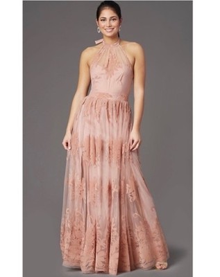 strapless open back dress Halter Gown w/Gold Appliqué & Slit – Mint or Blush main image 1