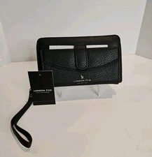 London Fog 100TH  Anniversary Long Zip & Folded Wristlet Wallet Black NWTS