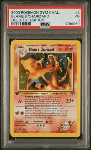POKEMON 2000 BLAINE'S CHARIZARD HOLO-1ST EDITION GYM CHALLENGE #2 PSA 3