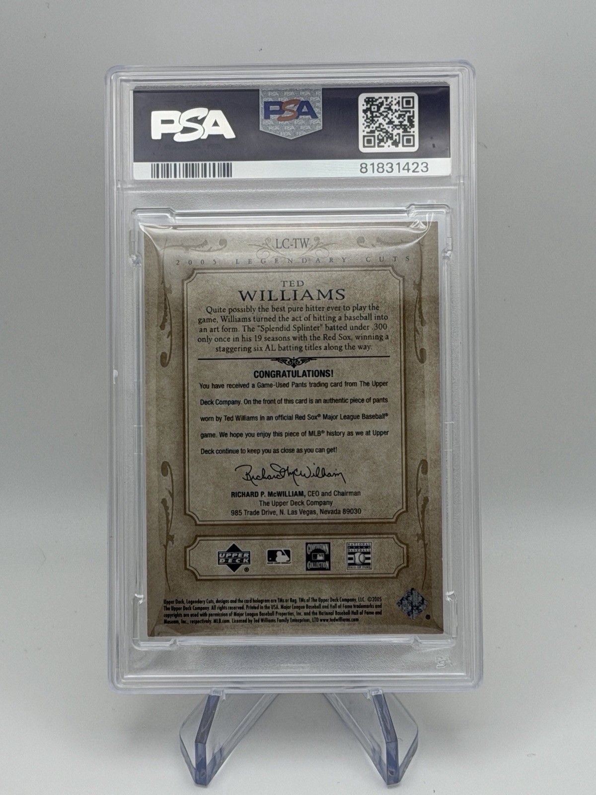 2005 SP Legendary Cuts Ted Williams #LC-TW /75 Game Worn Pants PSA 10 view 3