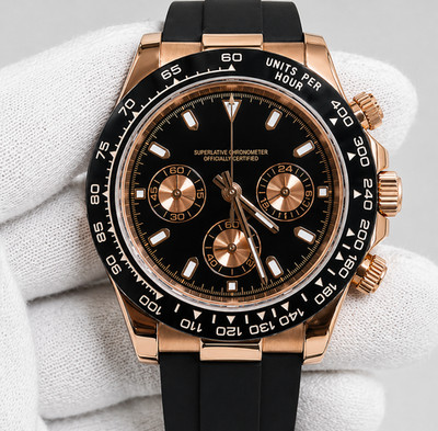 Custom Built - Rose Gold Black Chronograph Style - 40mm Sport Rubber Watch