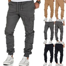 Mens Elasticated Waist Cargo Pants Cuffed Combat Work Joggers Pocket Trousers UK