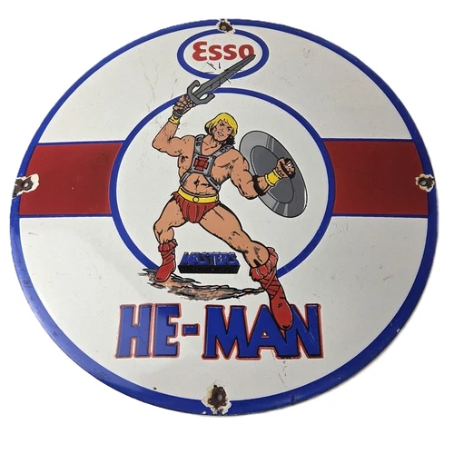 Vintage Esso Gasoline Sign - He-Man American Toys Figure Porcelain Gas Sign