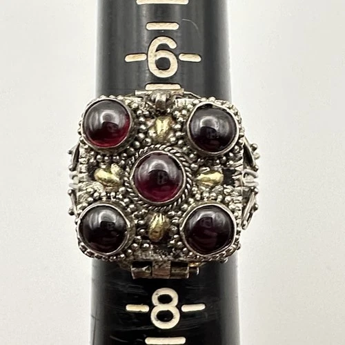 Vintage Sterling Silver Garnet Poison Ring Locket Hidden Compartment Size 7
