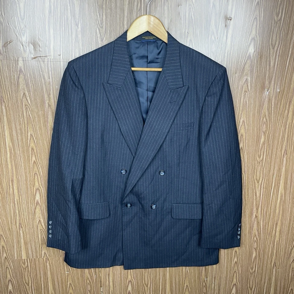 Traje Oakton 2 Piezas Hombre 40R 36x30 Azul Marino Rayas Poliéster Doble Pecho Foto 3 de 4