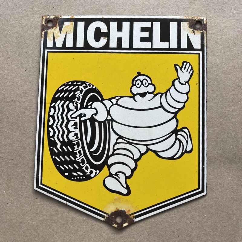 Michelin Tires Running Bibendum Sign in Porcelain Enamel  Vintage 8"x 6 1/2"