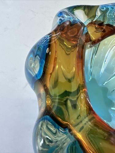 Mid Century Murano Art Blue & Brown Glass Trinket Bowl/Vase 6” READ - Picture 15 of 24