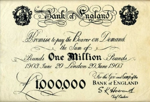 Billete de banco de 1903 £1 millón del Banco de Inglaterra - cajero jefe SK Howard   - Imagen 1 de 1