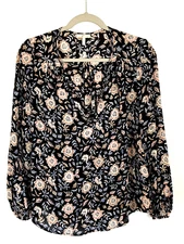 JOIE Black Blue Brown Rose Size Small S Silk Top Artsy Floral Flowy Boho Chic